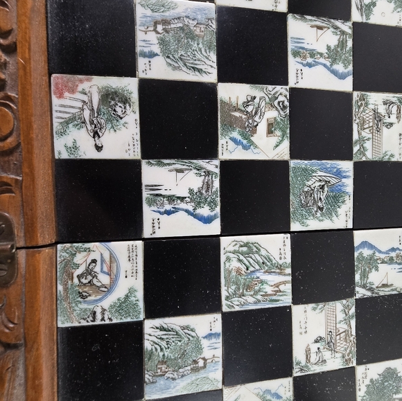 Vintage Chinese Hand Carved Jade Soapstone Chess Set Folding Wooden Case Drawers - Picture 8 of 16